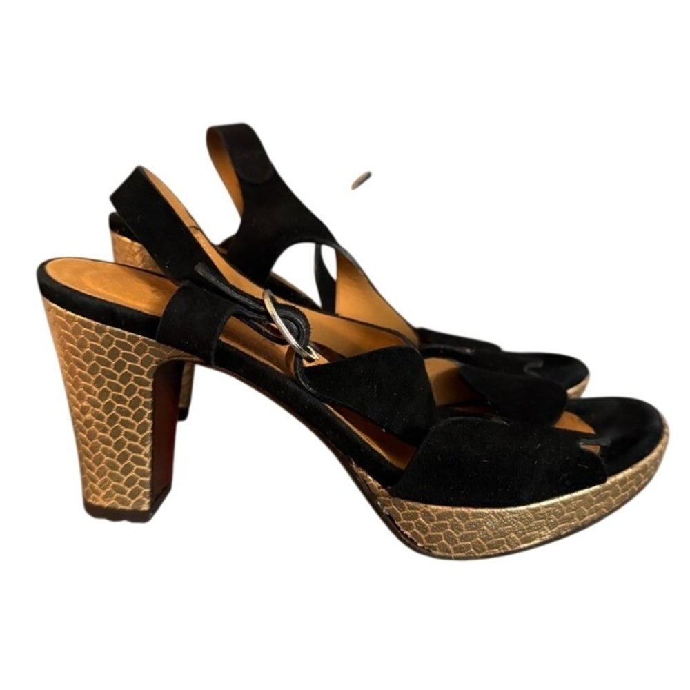 NWOB Chie Mihara Black Suede Gold Snakeskin Block Heel Platform Sandals Size 36